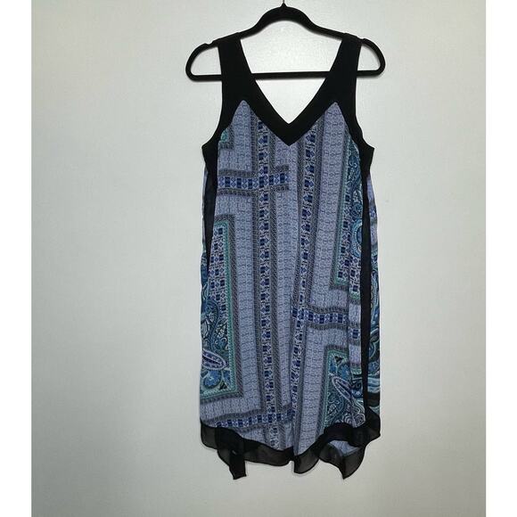 Paisley Midi Sz L Tank Dress Blue Black Handkerchief Hem Beach Boho Geometric - Picture 2 of 10